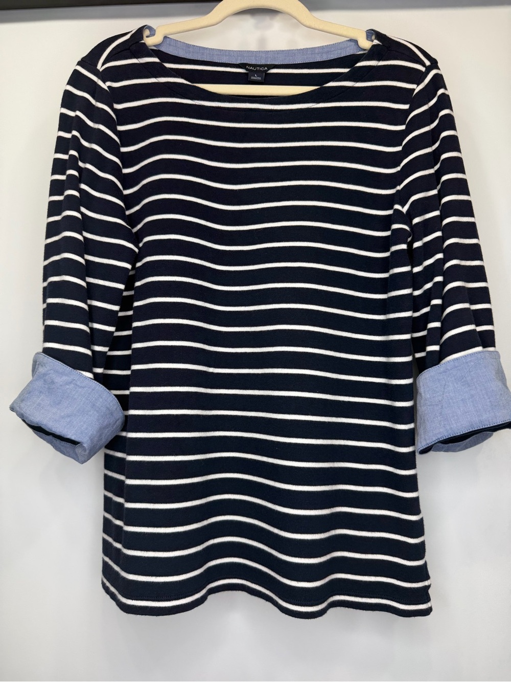 Nautica 100% Cotton Navy & White Striped Roll Sleeve Top Size Large - Picture 2 of 11